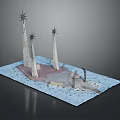Scenic Landscape Featuring Three Star Topped Tall Spires On Blue Terrain With Rocky Platform