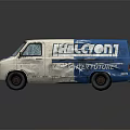 Two Blue And White HALCON Vans With Cracked Windshields On Reflective Surface 3d model