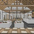 Modern Retail Shop Interior With Wooden Beam Ceiling White Display Counters Shelves And Hanging Lights