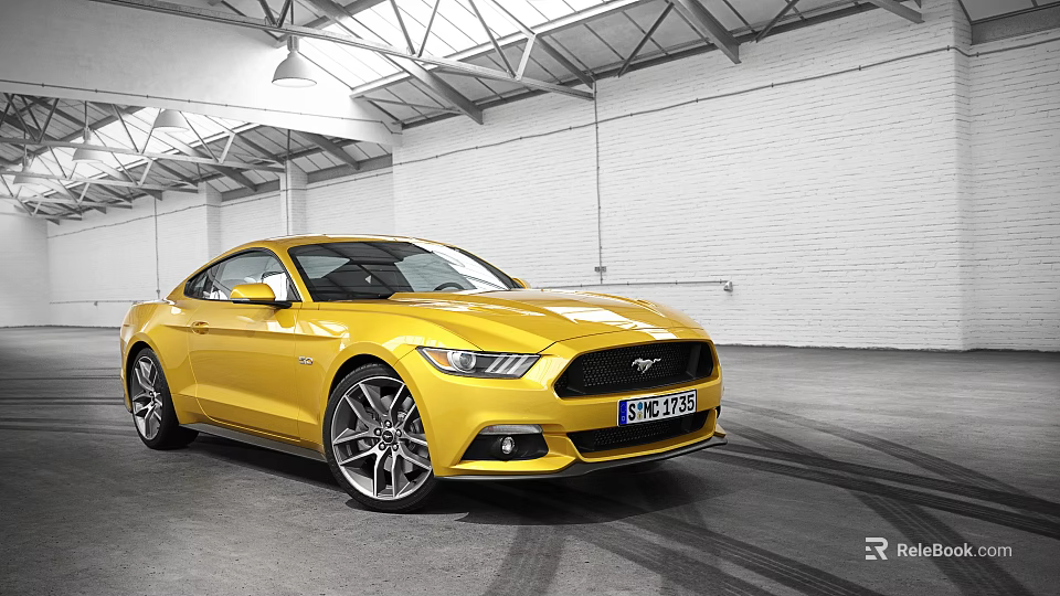 Yellow Ford Mustang Sports Car Parked In Modern Indoor Garage With Tire Tracks 3d model 
