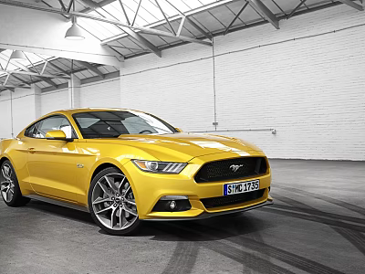 Yellow Ford Mustang Sports Car Parked In Modern Indoor Garage With Tire Tracks 3d model
