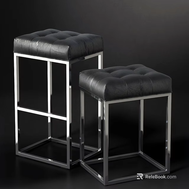 Tufted Black Leather Stools with Silver Metal Frame and Square Modern Design 3d model 