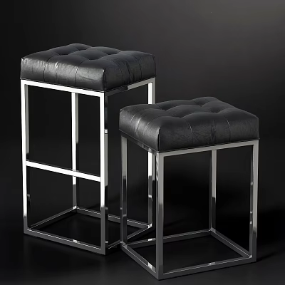 Tufted Black Leather Stools with Silver Metal Frame and Square Modern Design 3d model