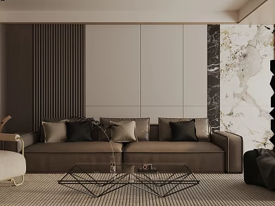 Modern Living Room Interior Design Featuring Brown Sofa Multiple Cushions Striped Wall And Marble Accent 3d model