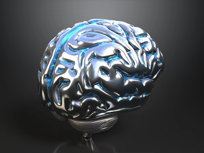 Silver Metallic Brain Model With Illuminated Blue Accent Lines On Dark Background 3d model