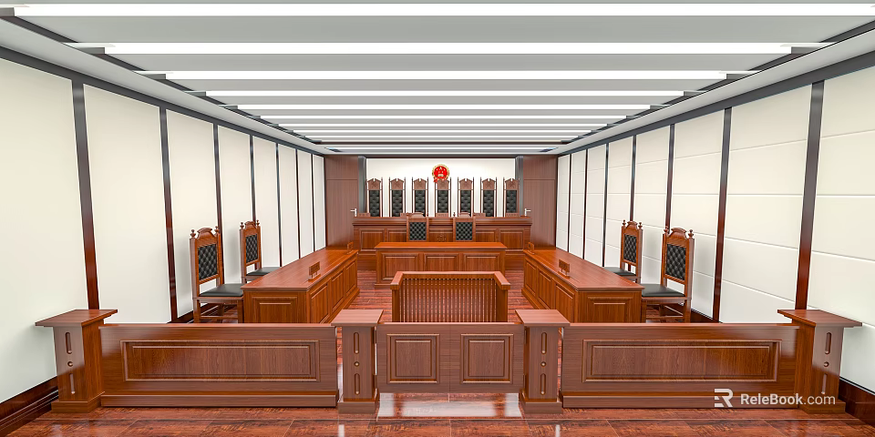 Courtroom Interior Design With Wooden Judge's Bench Public Seating And National Emblem 3d model 