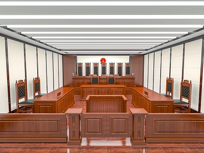 Courtroom Interior Design With Wooden Judge's Bench Public Seating And National Emblem 3d model
