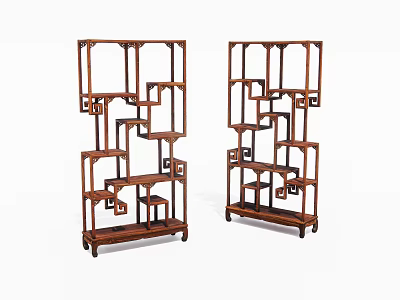 Pair of Traditional Chinese Wooden Display Shelves with Multiple Tiers and Wheels 3d model