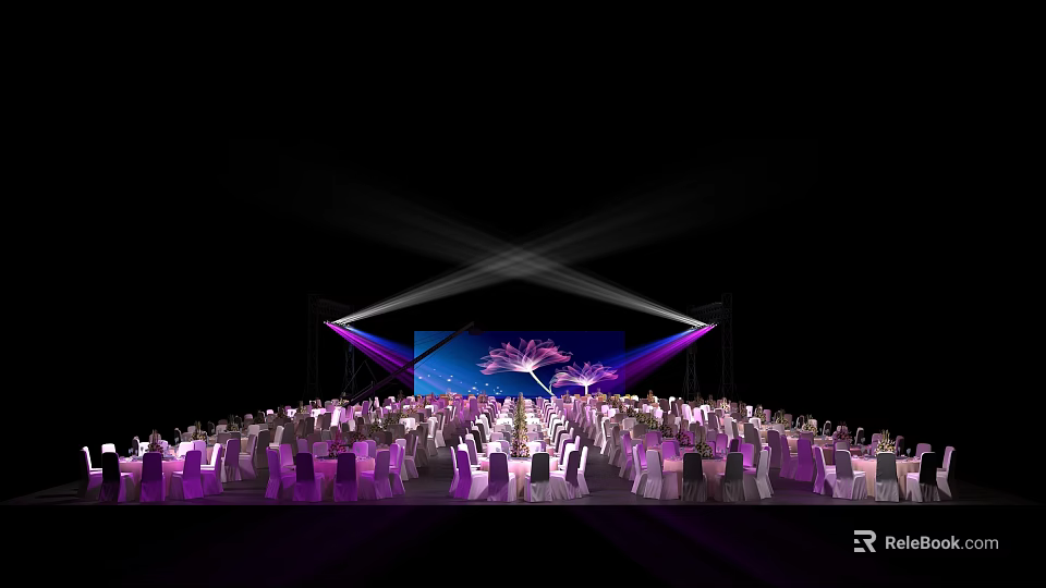 Banquet Hall With Stage Large Screen Floral Pattern Purple White Chairs And Crowd 3d model 