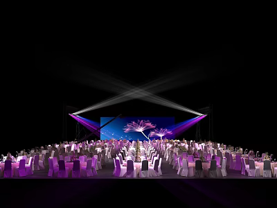 Banquet Hall With Stage Large Screen Floral Pattern Purple White Chairs And Crowd 3d model