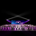 Banquet Hall With Stage Large Screen Floral Pattern Purple White Chairs And Crowd