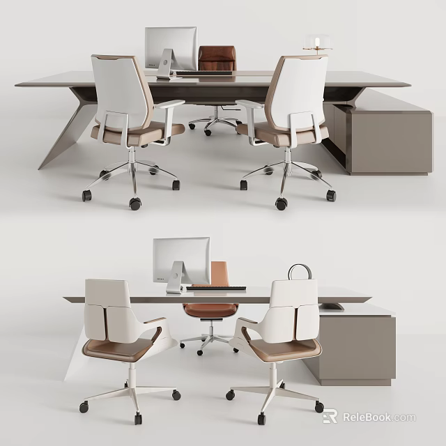 Modern Office Desk Design With Ergonomic Chairs Computer Monitor And Storage Cabinet 3d model 