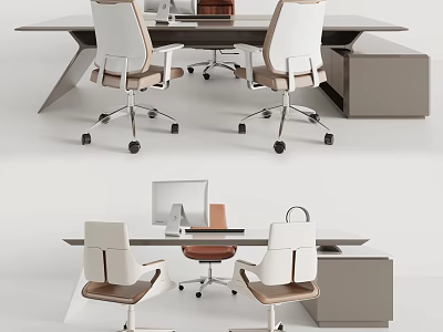 Modern Office Desk Design With Ergonomic Chairs Computer Monitor And Storage Cabinet 3d model