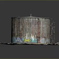Rusty Oil Tank Exterior With Weathered Surface And Colorful Graffiti On Surrounding Ground