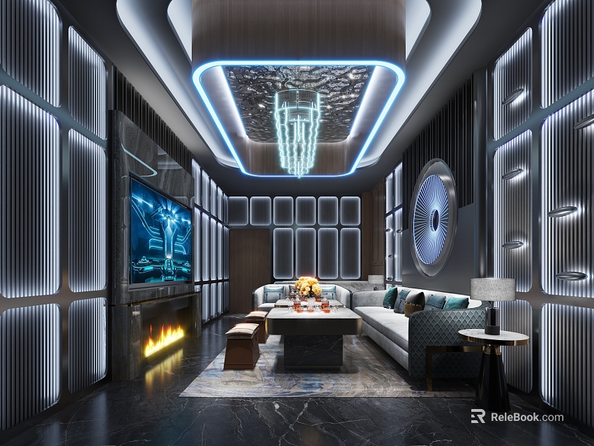 Modern KTV Interior Design With Large TV Screen Comfortable Sofas And LED Lighting 3d model 