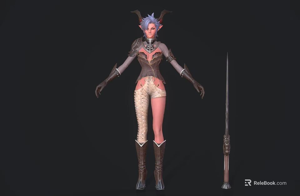 Woman With Horns And Pointed Ears In Leather Shorts Armored Top Boots Standing Beside Sword 3d model 