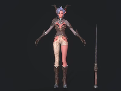 Woman With Horns And Pointed Ears In Leather Shorts Armored Top Boots Standing Beside Sword 3d model