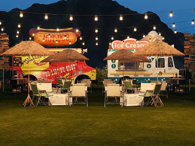Garden Landscape With Food Trucks Green Grass Outdoor Seating String Lights Mountain Backdrop In Evening 3d model