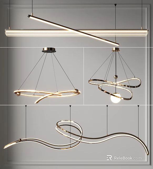 Modern Contemporary Chandeliers With Circular Curved Metal Frames And Hanging Pendant Lights 3d model 
