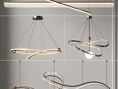 Modern Contemporary Chandeliers With Circular Curved Metal Frames And Hanging Pendant Lights 3d model