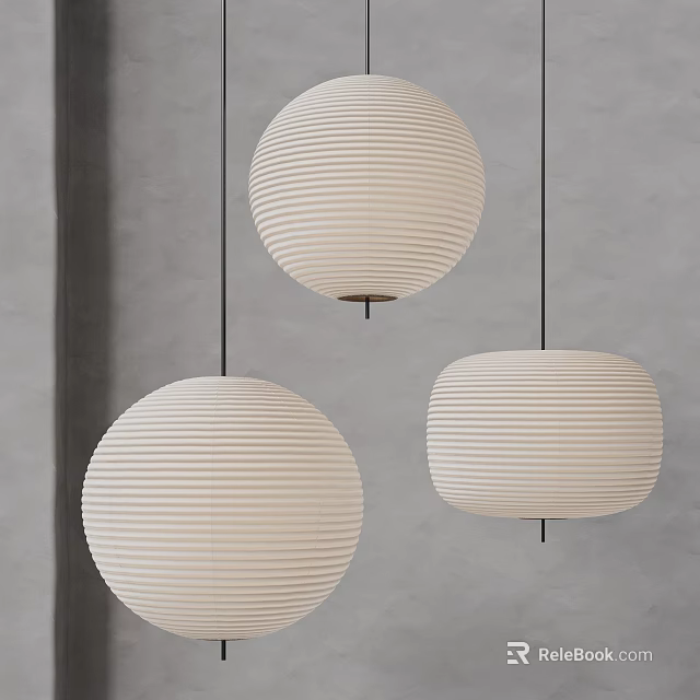 Minimalist Cream Round Striped Pendant Lights Hanging In Modern Interior 3d model 