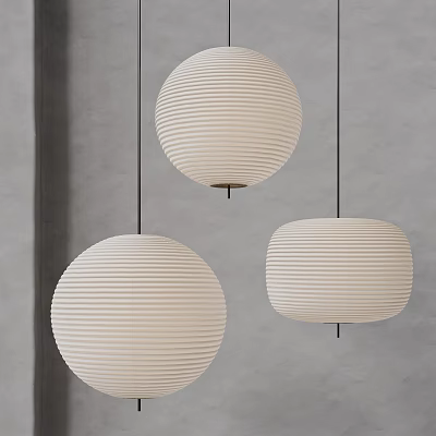 Minimalist Cream Round Striped Pendant Lights Hanging In Modern Interior 3d model