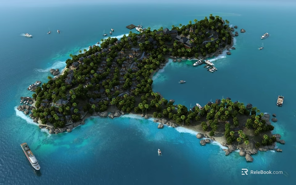 Aerial Planning of Tropical Island with Lush Trees Surrounded by Blue Ocean and Boats 3d model 