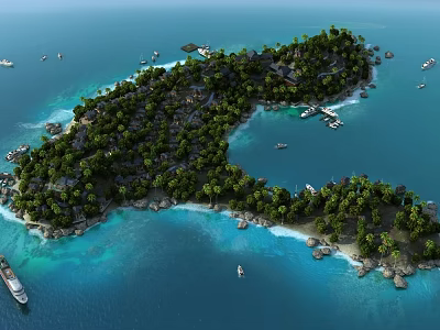 Aerial Planning of Tropical Island with Lush Trees Surrounded by Blue Ocean and Boats 3d model