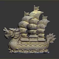 Golden Dragon Shaped Ship Ornament With Intricate Sails And Decorative Details