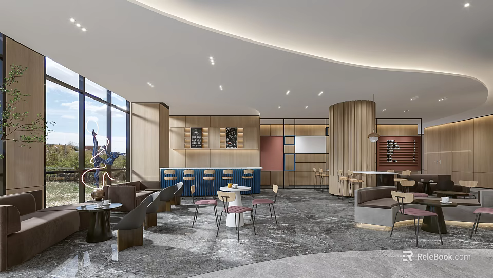 Modern Café Open Layout With Large Windows Wooden Elements Blue Counter Sofa Seats Round Tables 3d model 