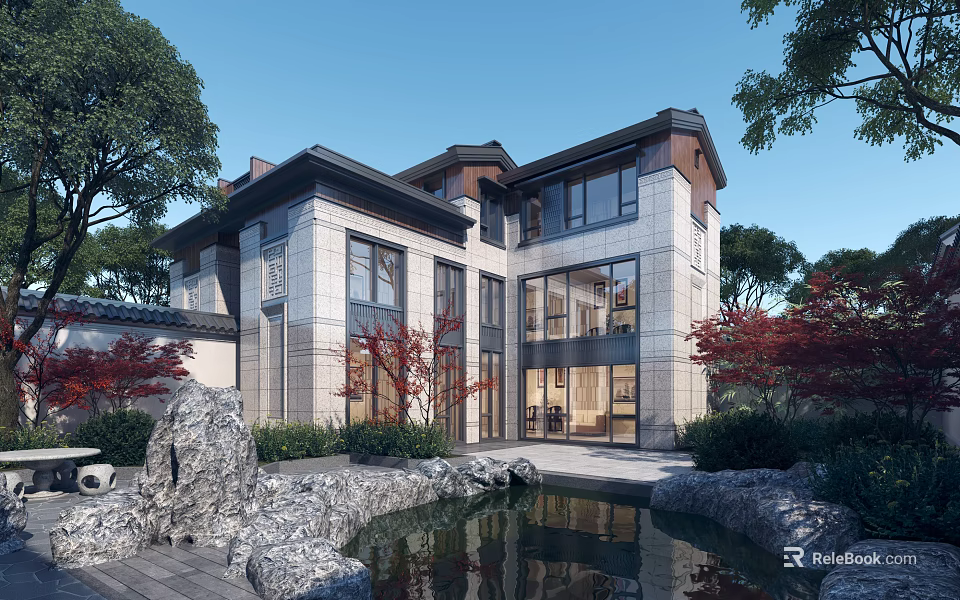 Detached Villa With Stone Walls Large Windows And Pond Surrounded By Trees 3d model 