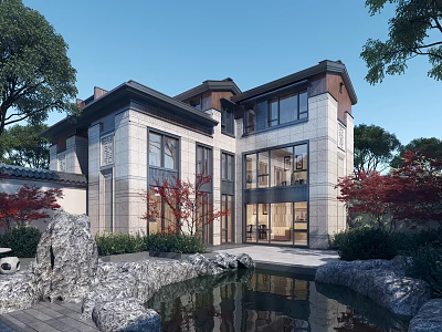 Detached Villa With Stone Walls Large Windows And Pond Surrounded By Trees 3d model