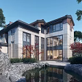 Detached Villa With Stone Walls Large Windows And Pond Surrounded By Trees