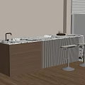 Modern Kitchen Interior With Marble Island Countertop Wooden Drawers And Bar Stools
