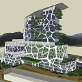 Modern Geometric Facade Office Building With Lush Green Vegetation And Mountain View