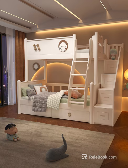 Kids Bunk Bed With Cartoon Bear Decor Storage Stairs Drawers Mattress And Pillows 3d model 