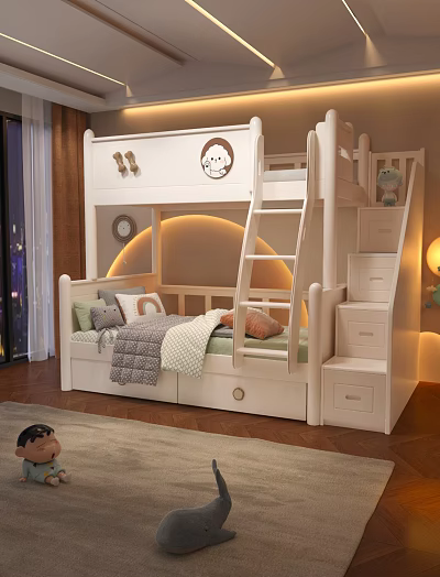 Kids Bunk Bed With Cartoon Bear Decor Storage Stairs Drawers Mattress And Pillows 3d model