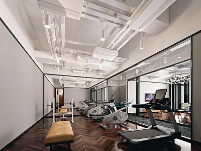 Modern Fitness Gym Interior With Treadmills Elliptical Machines Mirrored Walls Wooden Flooring And Ceiling Lights 3d model