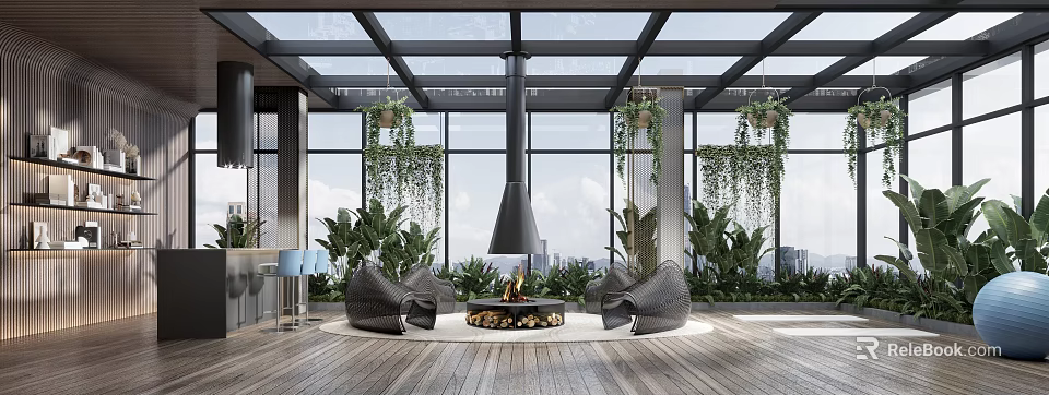 Modern Lounge With Glass Roof Large Windows Black Fireplace Woven Chairs Green Plants City View 3d model 