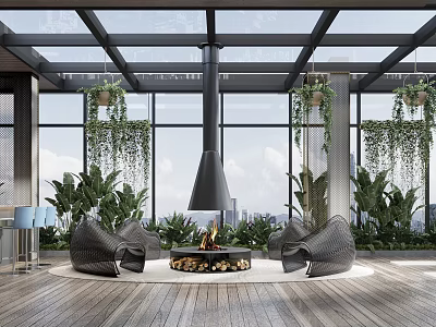 Modern Lounge With Glass Roof Large Windows Black Fireplace Woven Chairs Green Plants City View 3d model