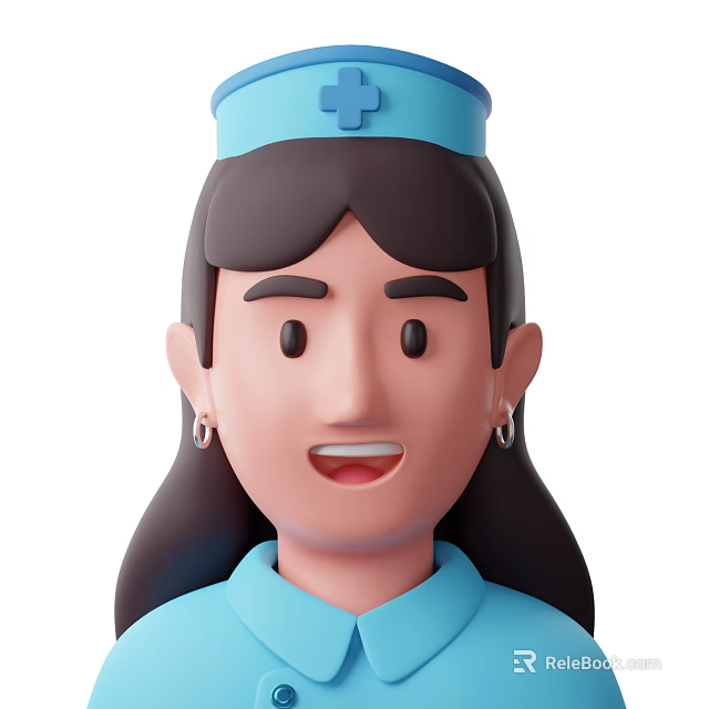 Woman Nurse in Blue Uniform and Nurse Cap with Cross Symbol Long Hair Earrings Smiling 3d model 