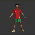 Man wearing red number 7 jersey green shorts yellow socks shoes against gray background