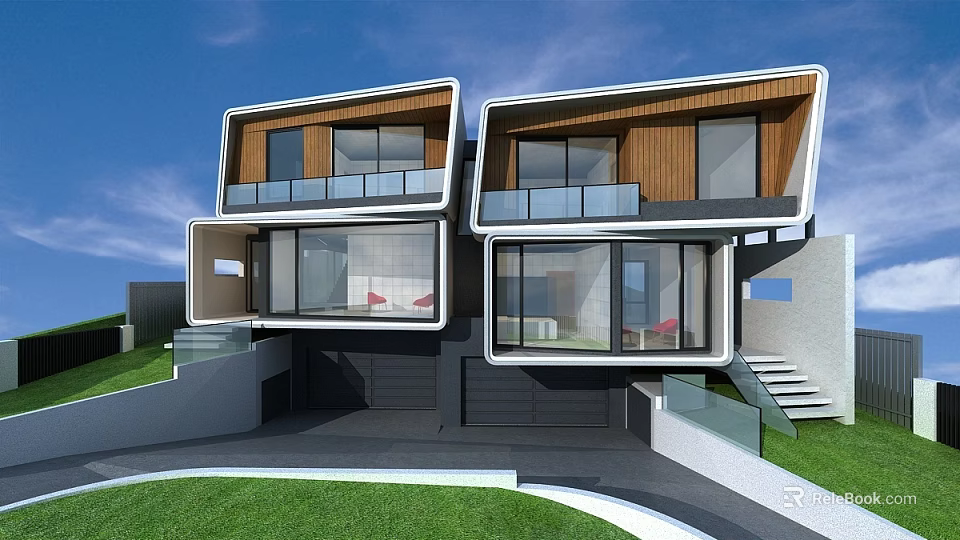Modern Detached Villa With Unique Architecture Balconies Large Glass Windows And Lawn Area 3d model 