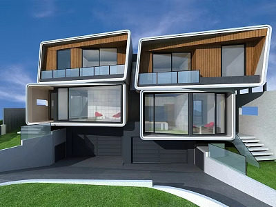 Modern Detached Villa With Unique Architecture Balconies Large Glass Windows And Lawn Area 3d model