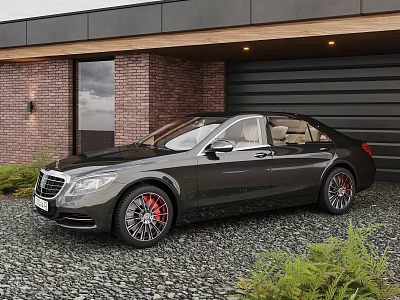 Black Luxury Sedan with Red Brake Calipers Parked at Brick Wall Garage on Gravel Driveway 3d model