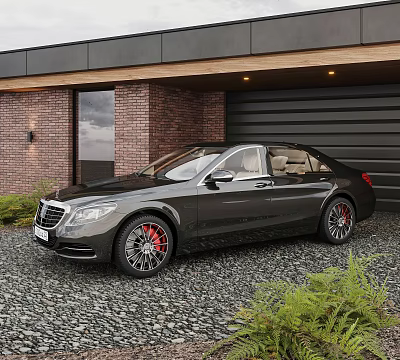 Black Luxury Sedan with Red Brake Calipers Parked at Brick Wall Garage on Gravel Driveway 3d model