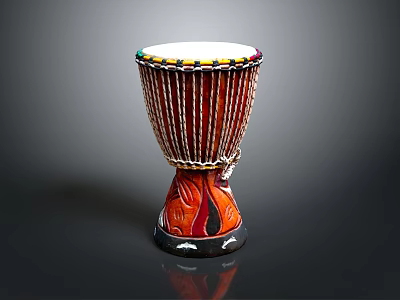 Traditional Red Handcrafted Drum With White Drumhead Colorful Edge And Carved Body Patterns For Home Use 3d model