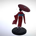 Japanese Geisha Figurine In Red Kimono Holding Umbrella With Falling Cherry Petals