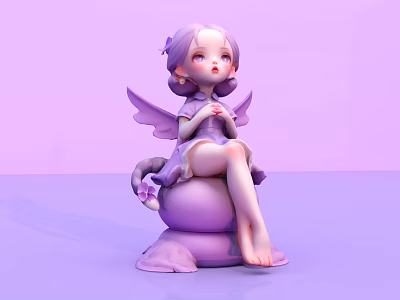 Cute Purple Haired Doll With Small Wings Dress Sitting On Purple Object Light Purple Backdrop 3d model
