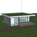 Modern Detached Villa With Black Framed Glass Walls Grass Lawn Patio And Surrounding Trees